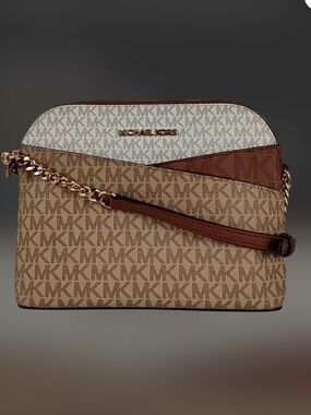 Michael Kors Colorblock MK Signature Crossbody in Brown & Cream